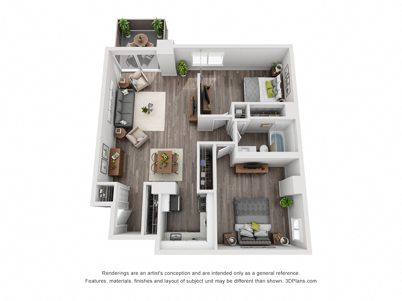 Floor plan for 2 beds, 1 bath, 937 sqft